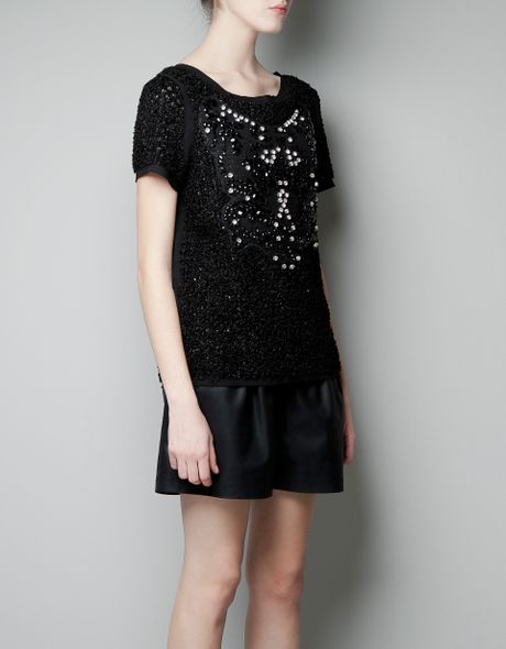 Zara Loop Knit Top with Rhinestones in Black | Lyst