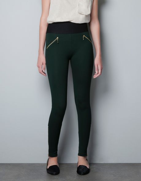 Zara Leggings with Waistband and Zips in Green (bottle green) | Lyst