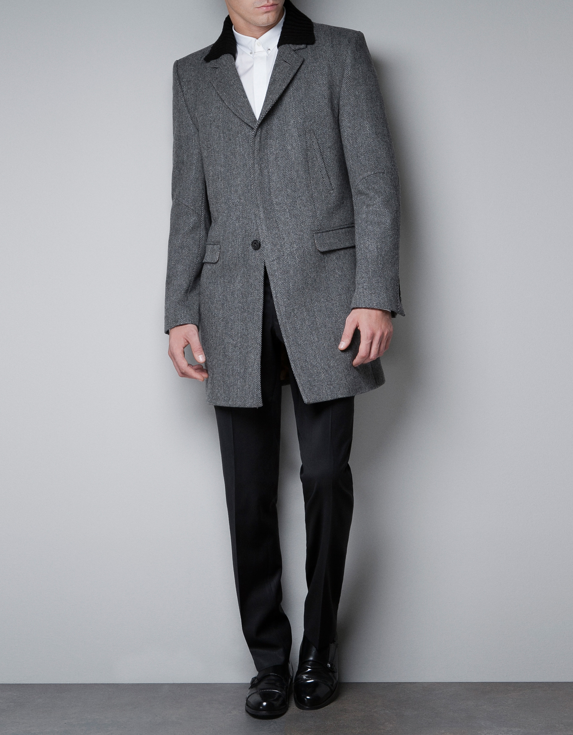 Zara Herringbone Blazer Coat with Knitted Collar in Gray for Men (grey