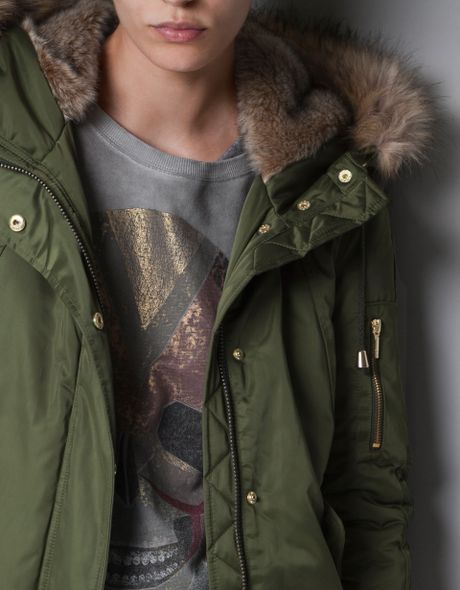 Zara Jacket with Fur Hood in Green (khaki) | Lyst