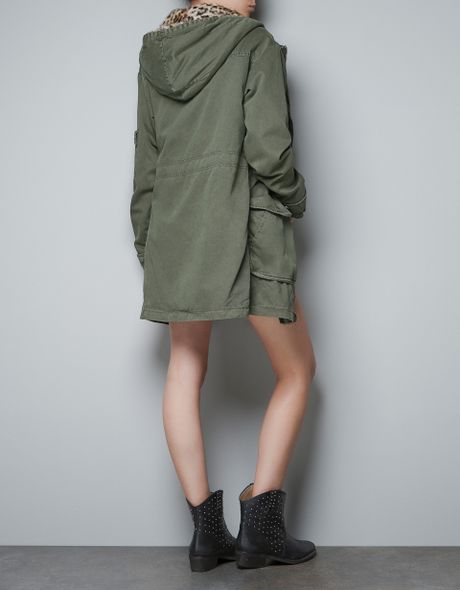 Zara Parka with Leopard Print Lining in Khaki | Lyst