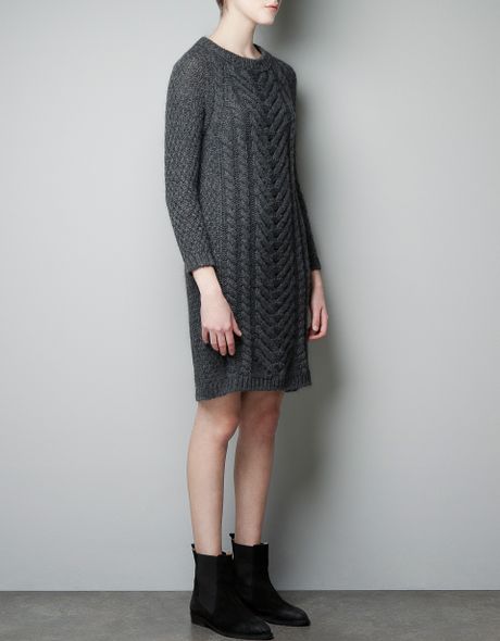 Zara Aran Knit Dress in Gray (marengo) | Lyst