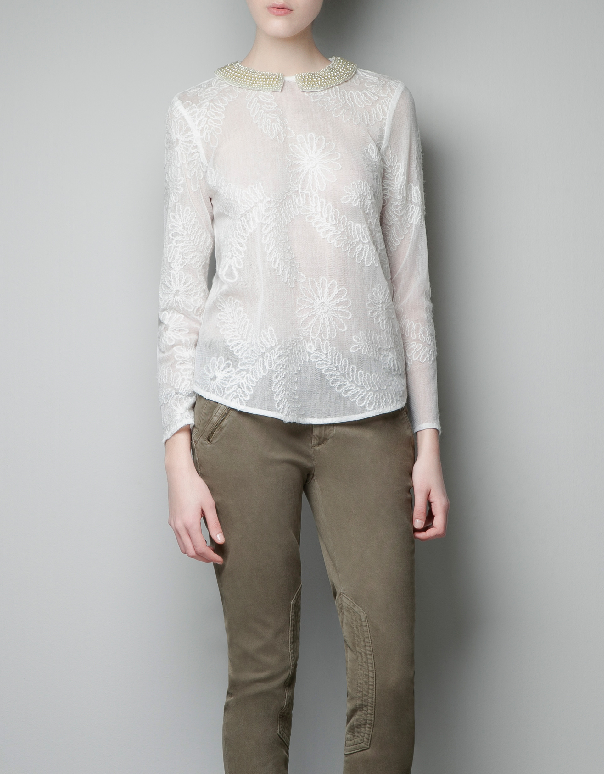 Zara Embroidered Blouse with Embellished Collar in White (off white) | Lyst