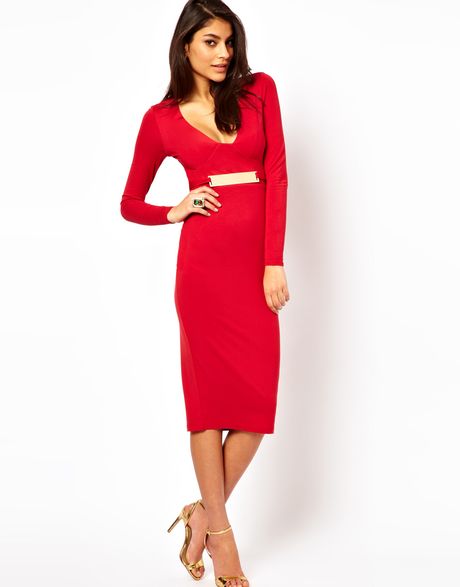 Asos Collection Asos Bodycon Dress with Gold Belt in Red | Lyst