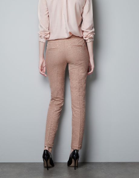 Zara Skinny Jacquard Pants in Beige (pink)