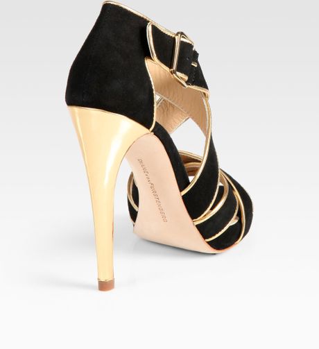 Diane Von Furstenberg Strappy Suede and Metallic Leather Platform Sandals in Black - Lyst