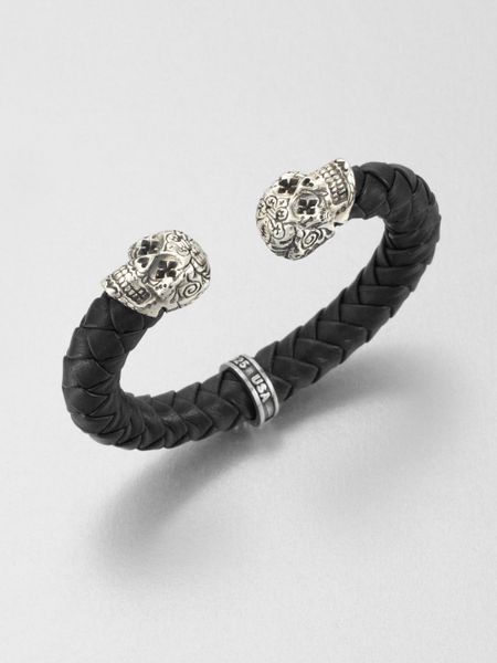 ... Studio Leather And Sterling Silver Skull Bracelet in Black for Men