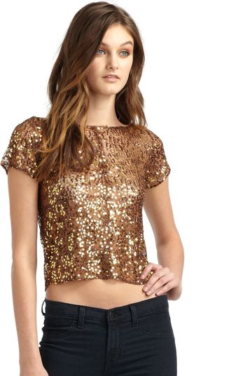 Richard Chai Love Cropped Sequined Tee-bronze - Lyst