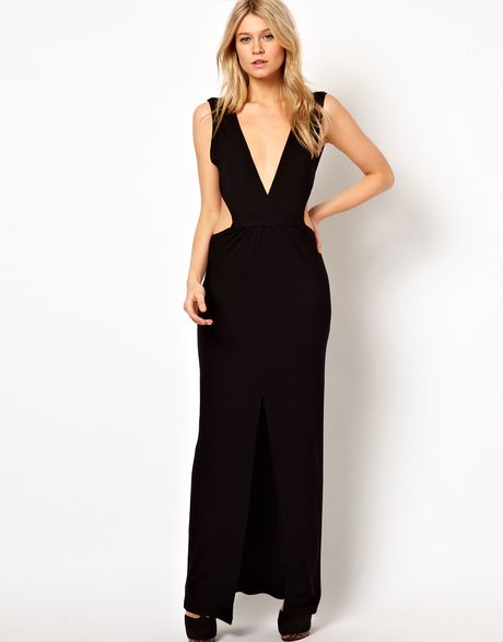 Love Maxi Dress with Plunge Neck and Cut Out in Black