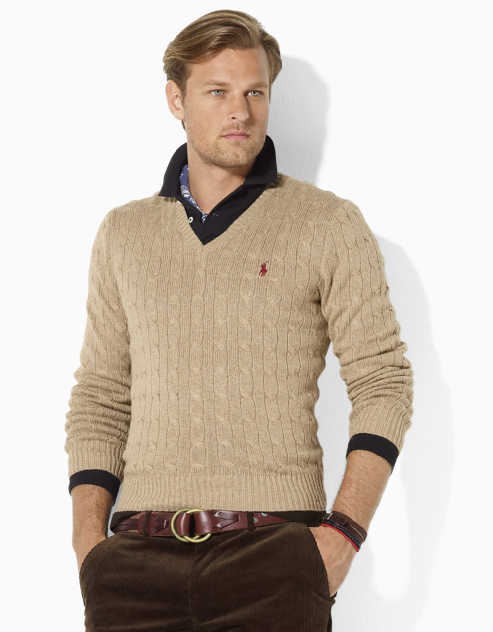 Polo Ralph Lauren Longsleeved Silk Cableknit Vneck Sweater In For Men
