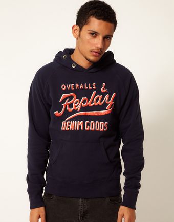 Replay Hooded Sweatshirt with  Button Neck Logo Front - Lyst