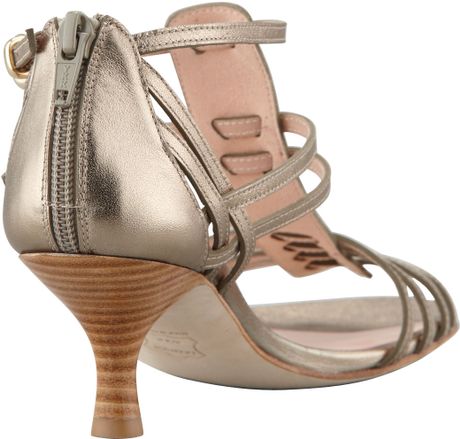 ... Weitzman Huarache Mid Heel Gladiator Sandal in Gold (pewter) | Lyst