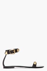 Versace Black Leather and Gold Crest Ankle Strap Sandals