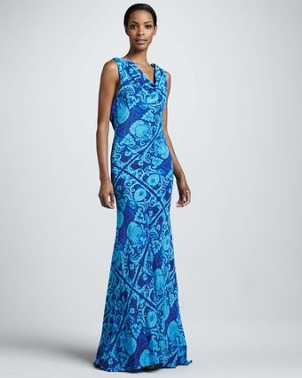 Vera Wang Printed Plunging Back Gown - Lyst
