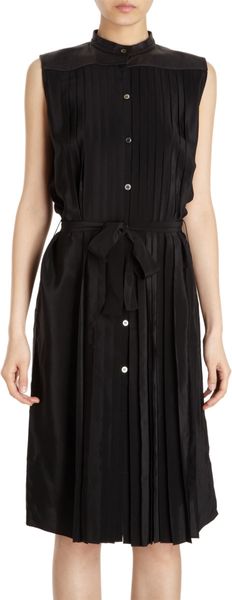 Co. Leather Yoke Plisse Dress - Lyst