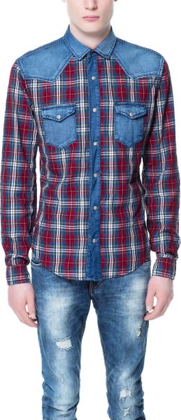 Zara Shirt with Denim Yoke in Blue for Men (red) | Lyst