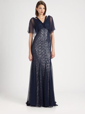 Badgley Mischka Sequined Silk Chiffon Gown - Lyst