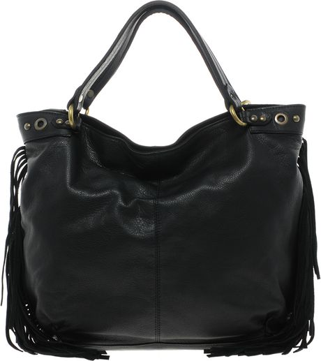 Mango Touch Large Leather Hobo Bag with Fringe in Black | Lyst