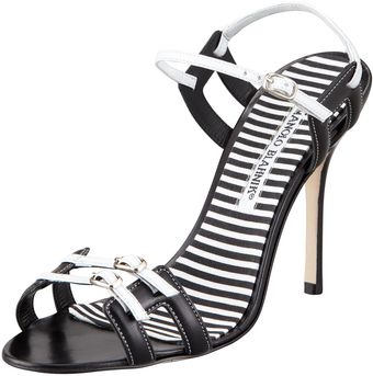 Manolo Blahnik Chapi Doublebuckle Sandal Blackwhite - Lyst