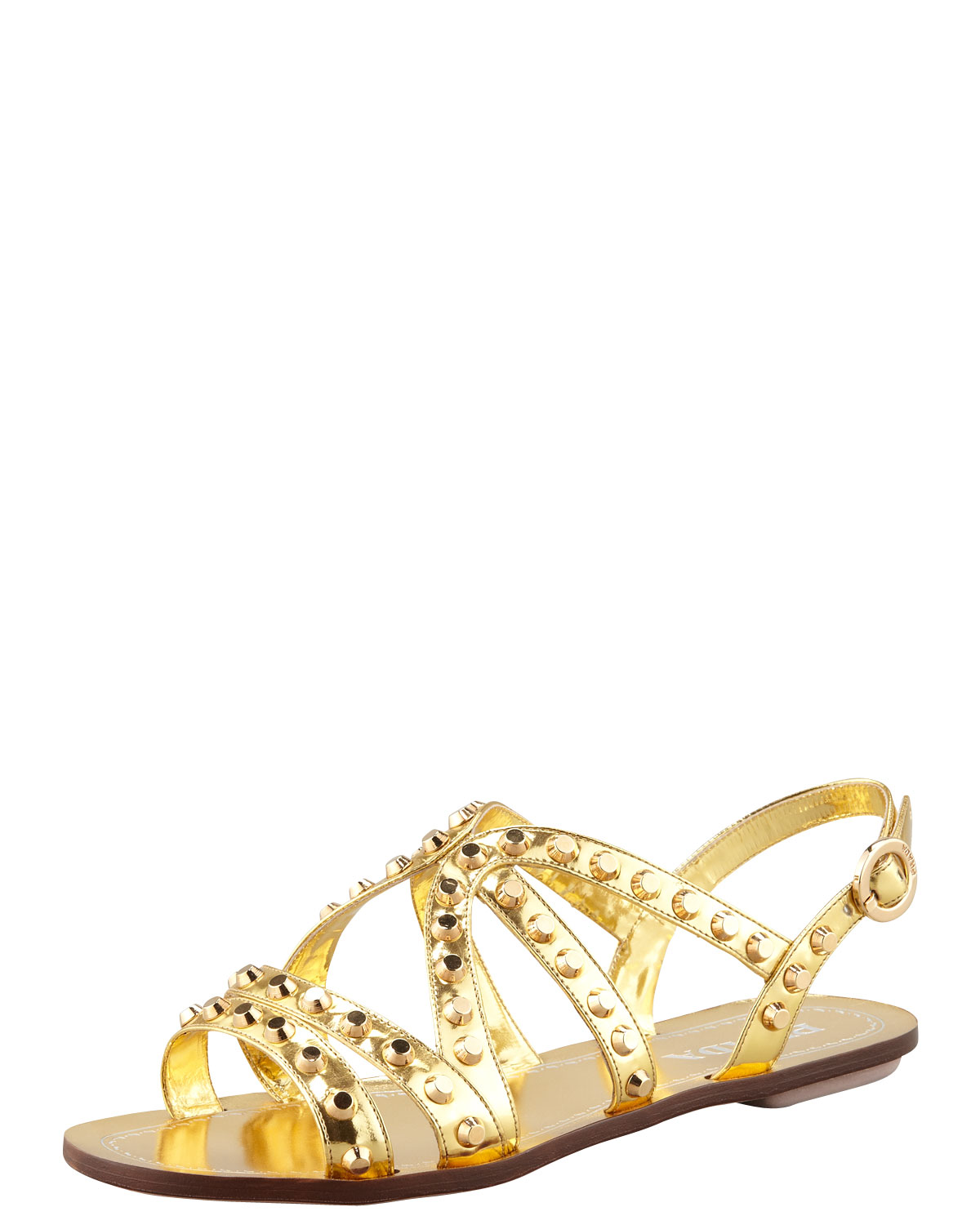 Prada Studded Strappy Flat Sandal Gol in Gold | Lyst