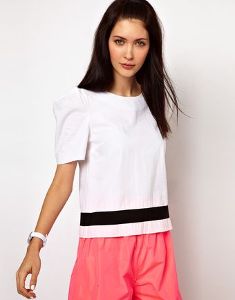 Lulu & Co Lulu Co. Puff Shoulder Woven Top with Contrast Stripe - Lyst