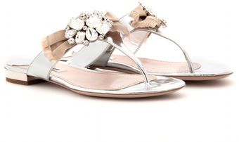 Miu Miu Metallic Leather Sandals with Embellished Bow - Lyst