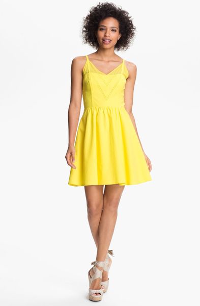 Jessica Simpson Vneck Fit Flare Dress in Yellow (vibrant yellow)