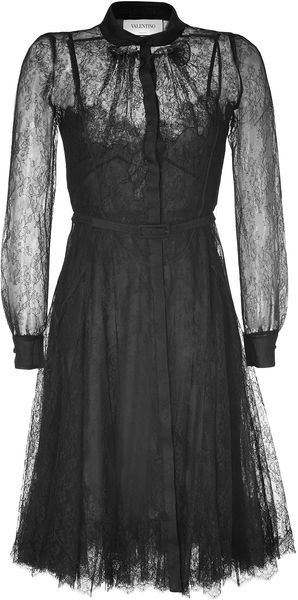 Valentino Black Belted Silk Lace Dress - Lyst