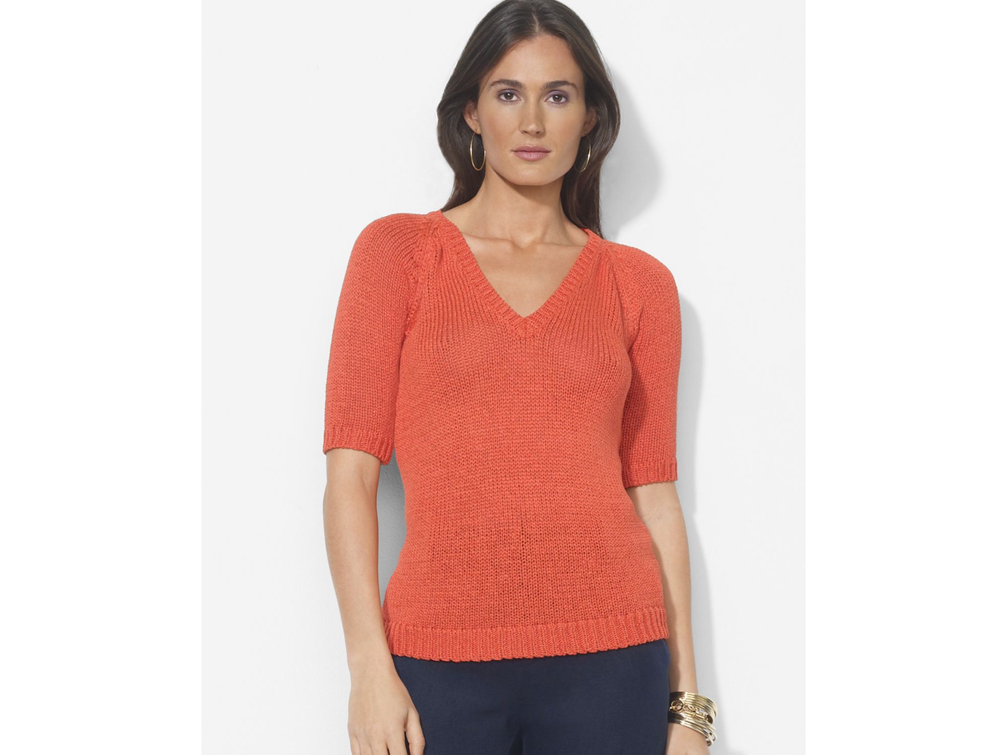 Lauren By Ralph Lauren Short Sleeve V Neck Sweater In Red Spring