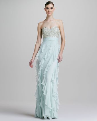 Badgley Mischka Strapless Sequined Bodice Rufflebottom Gown - Lyst
