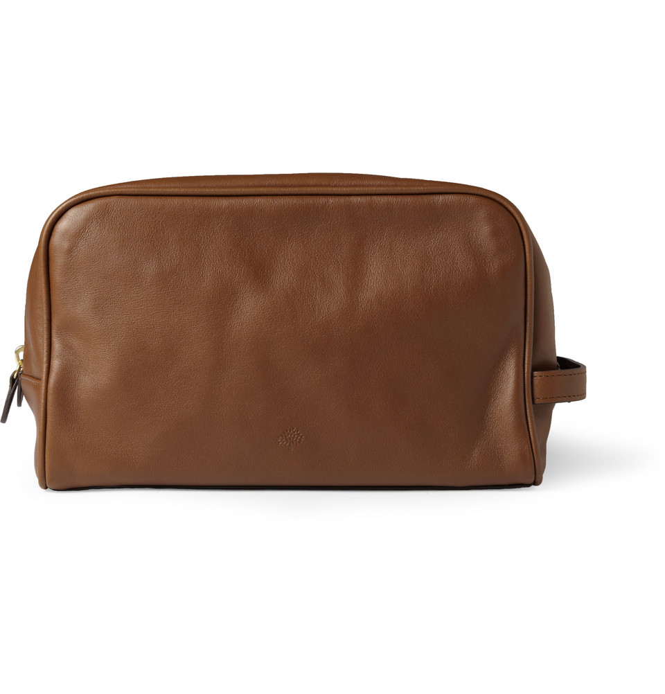 mens brown leather wash bag