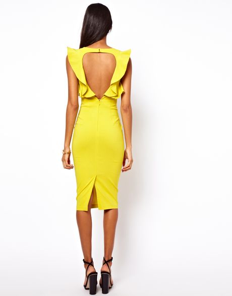 Asos Pencil Dress with Ruffle Sleeve in Yellow