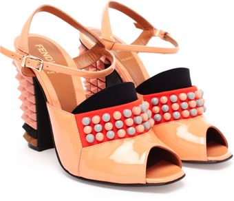 Fendi Polifonia Studded Patent Leather Peep Toe Pumps - Lyst