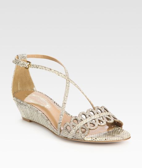 ... Mika Lasercut Snakeprint Leather Wedge Sandals in Silver (cream multi