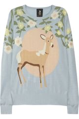 Mother Of Pearl Silk and Cashmere Blend Deer Intarsia Sweater