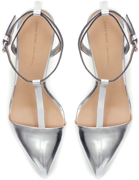 Zara Laminated Highheel Sandals with Ankle Straps in Silver | Lyst