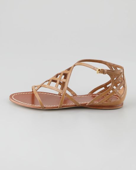 Tory Burch Amalie Patent Leather Flat Cage Sandals in Brown (sand ...