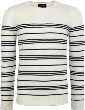 A.P.C. Cream and Navy Striped Wool Jumper - Lyst