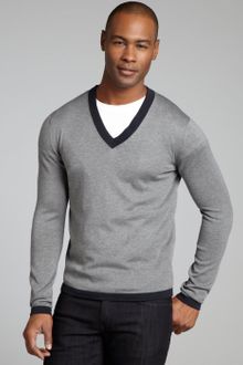 Prada Heather Grey and Navy Cotton Contrast Trimmed Vneck Shirt - Lyst