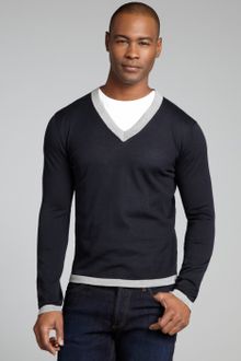 Prada Navy and Grey Cotton Contrast Trimmed Vneck Shirt - Lyst