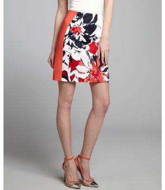 Tahari Navy and Coral Floral Printed Cotton Blend Elva Skirt - Lyst