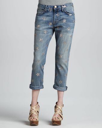 Current/Elliott The Boyfriend Rose Gold Star Cropped Jeans - Lyst