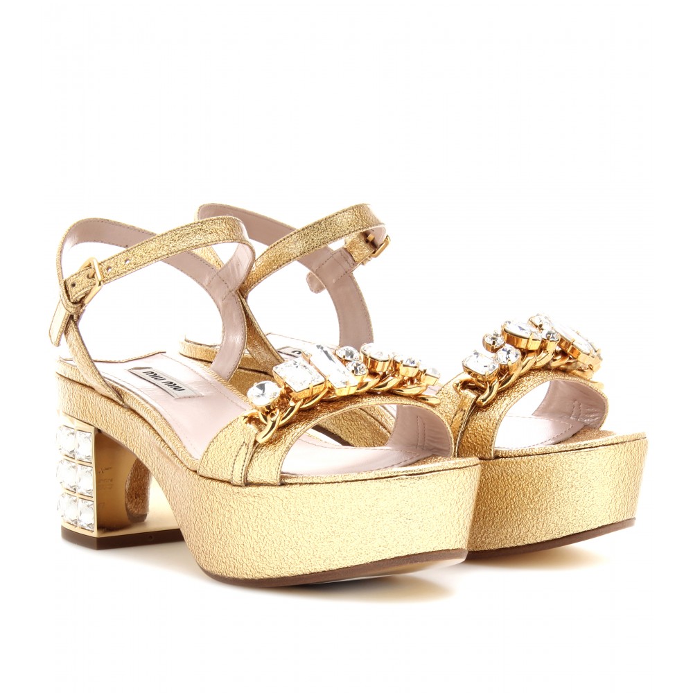 Miu Miu Embellished Leather Platform Sandals in Gold Lyst