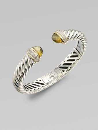David Yurman Olive Quartz Diamond Sterling Silver 18k Yellow Gold Bracelet - Lyst