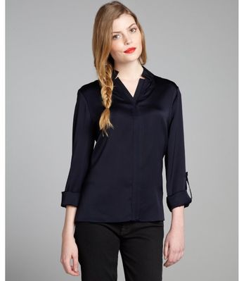 Elie Tahari Navy Silk Blend Grosgrain Trim Indis Convertible Blouse - Lyst