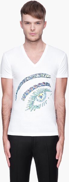 John Galliano White Vneck Gemmed Eye Tshirt - Lyst