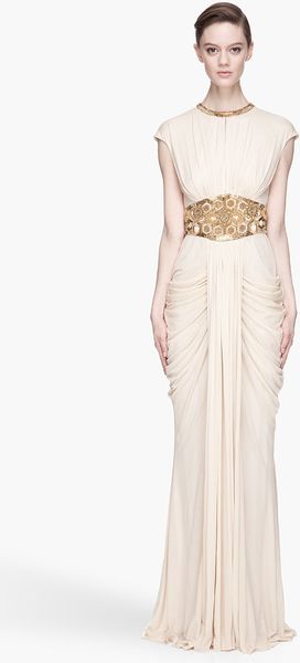 Alexander McQueen Champagne and Gold Embroidered Draping Gown - Lyst