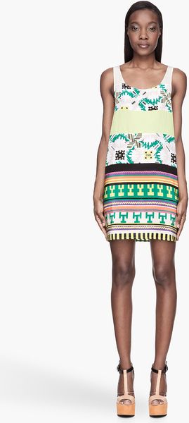 MSGM Lime Green Patterned Touk Silk Dress - Lyst