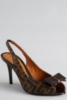 Fendi Tobacco Zucca Canvas Bow Peep Toe Slingback Pumps - Lyst