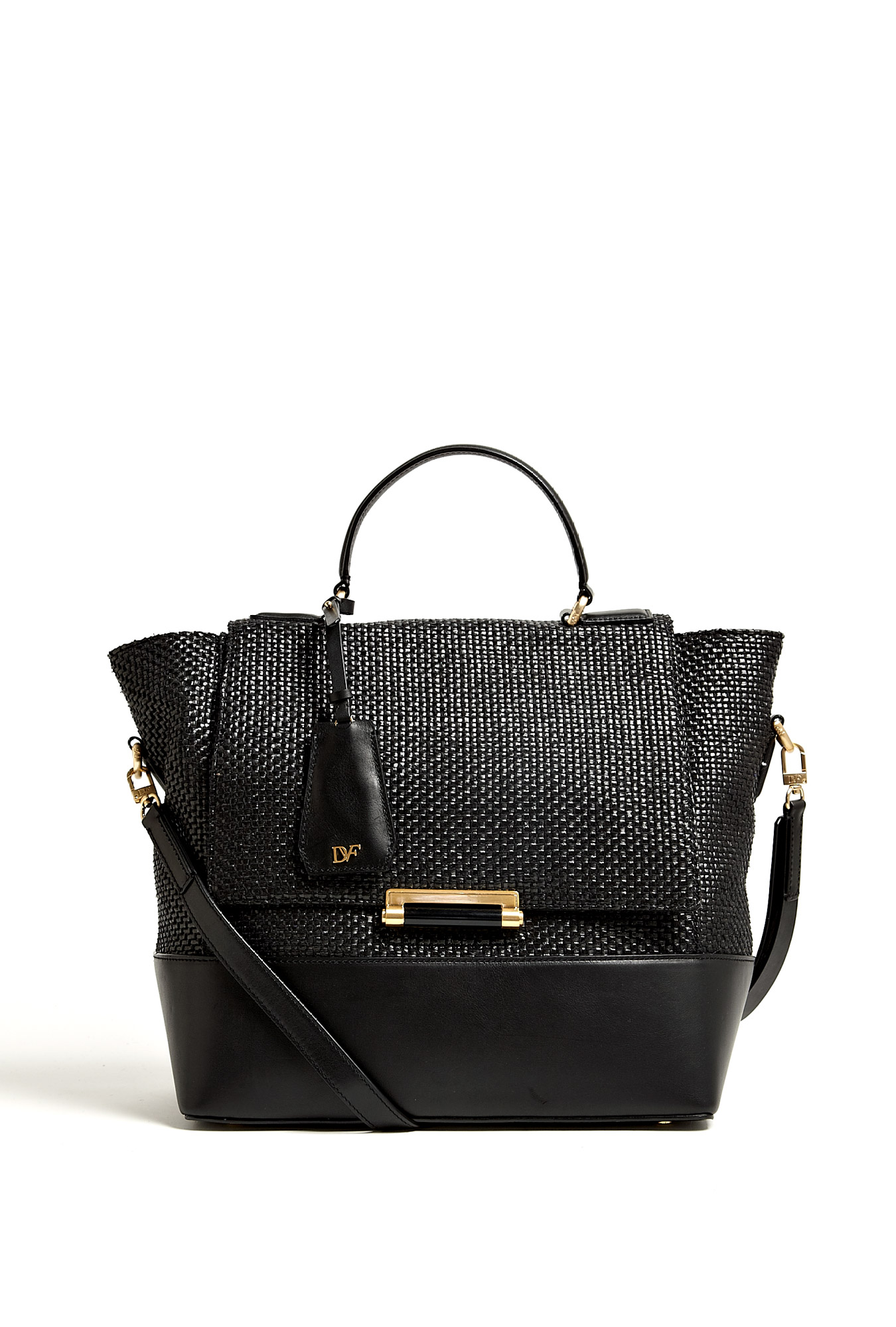 Diane Von Furstenberg Woven Raffia Top Handle Bag in Black Lyst